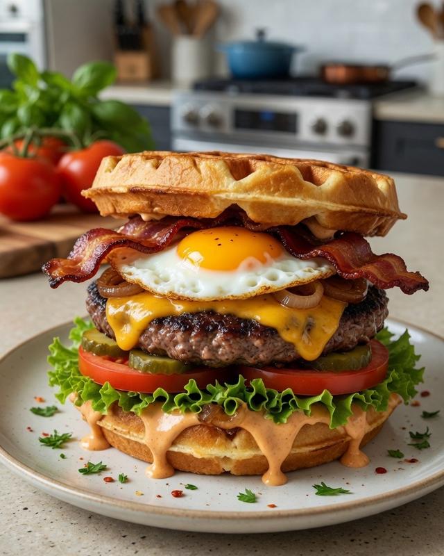 🧇🍔 Original Waffle Burger with Egg, Bacon & Cheese 🥓🍳🧀 — photo 1