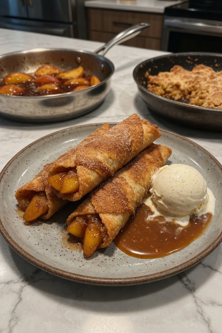 🍑🥃 Bourbon Peach Cobbler Egg Rolls