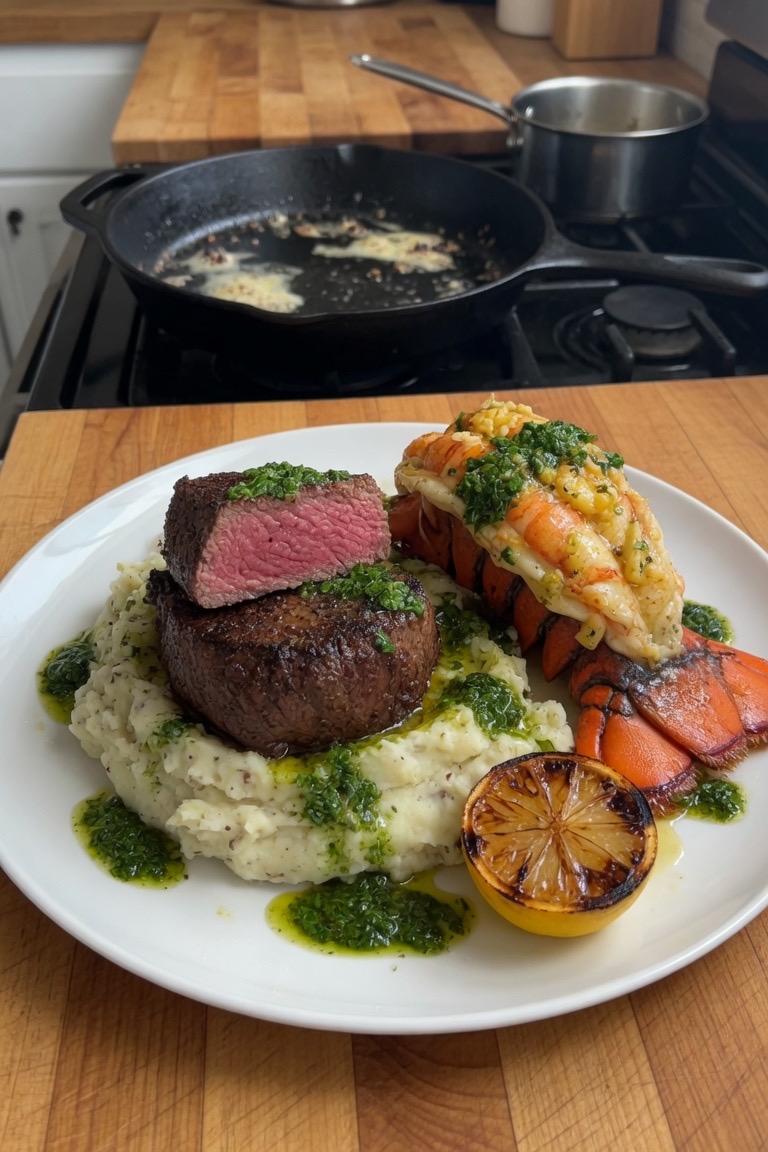 π₯©π¦ Reverse-Seared Filet & Garlic Confit Lobster Tail